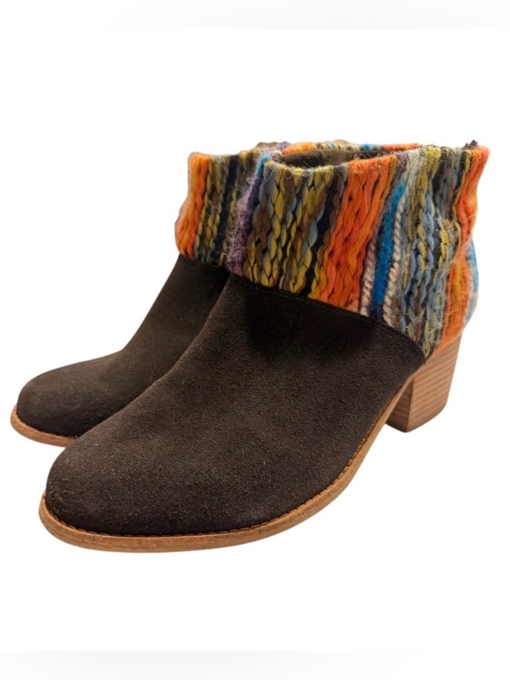 TOMS Suede Ankle Boots Multicolor Woven Fabric Cuff Stacked Heel Womens Size 10W